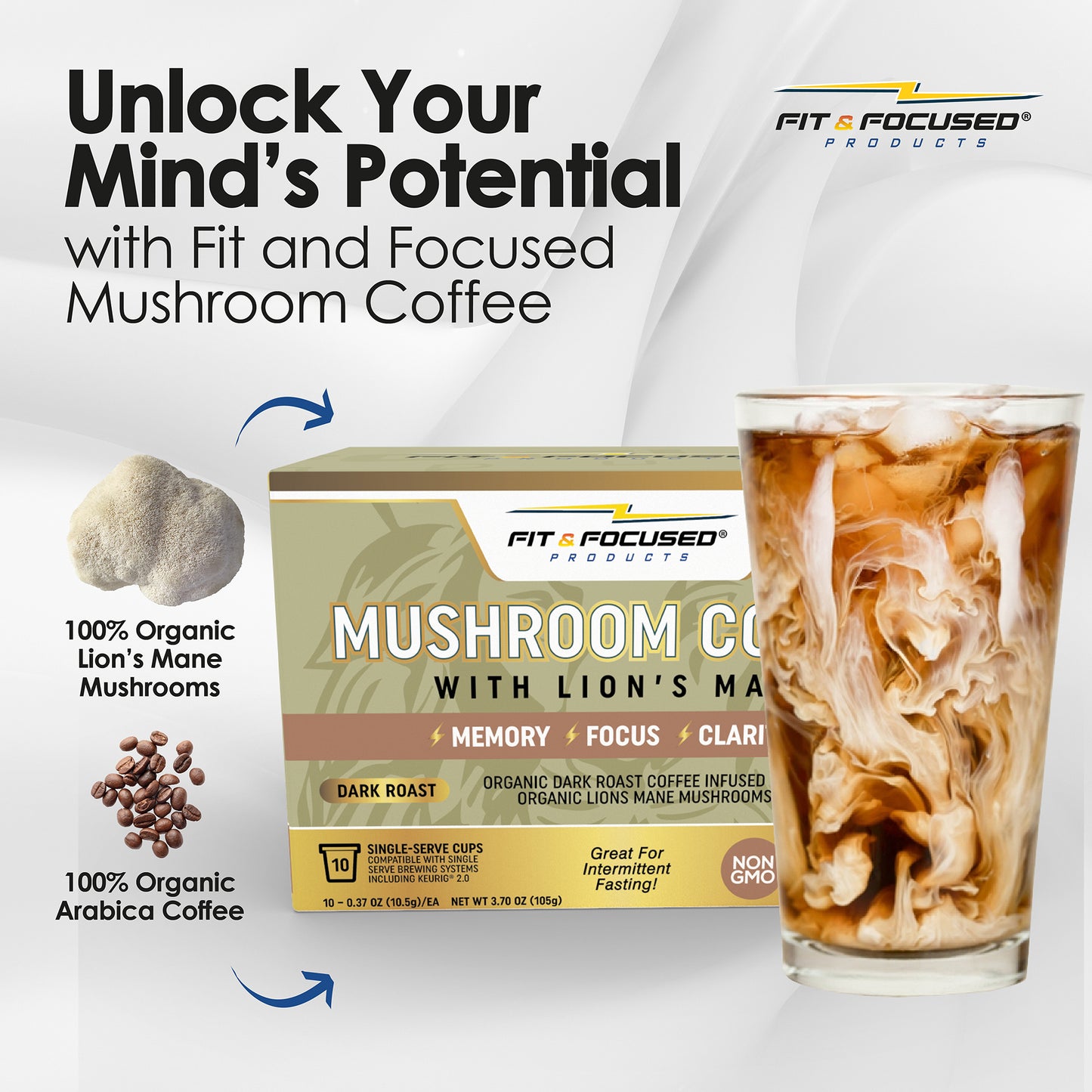 Organic Mushroom Coffee Pods With Lion's Mane - Keto Friendly Focus Coffee K-Cups for Memory and Brain Fog - Vegan, Low Acidity, and Natural Vitamin B and Potassium