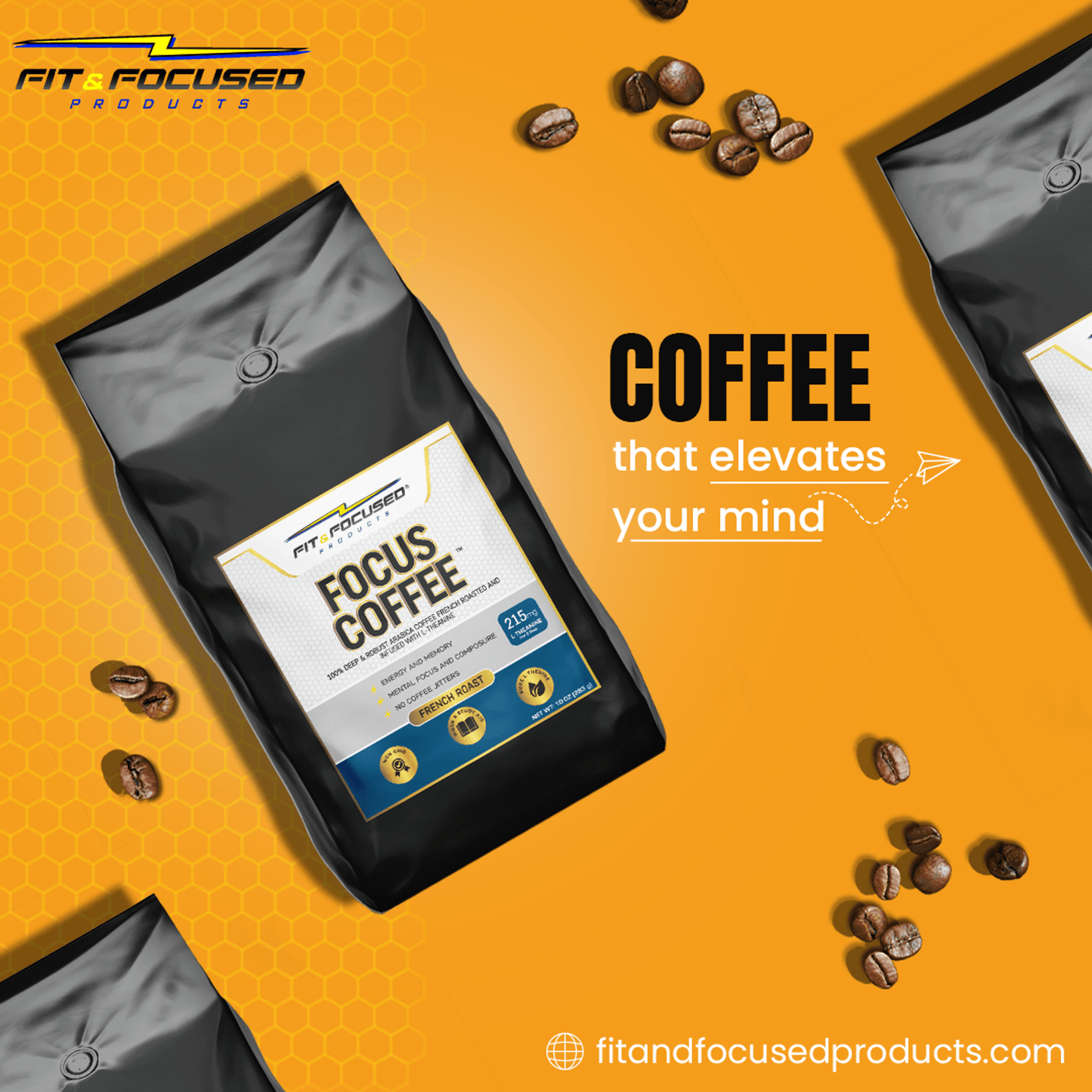 Focus Coffee With Organic Direct Trade 100% Arabica Beans In Background