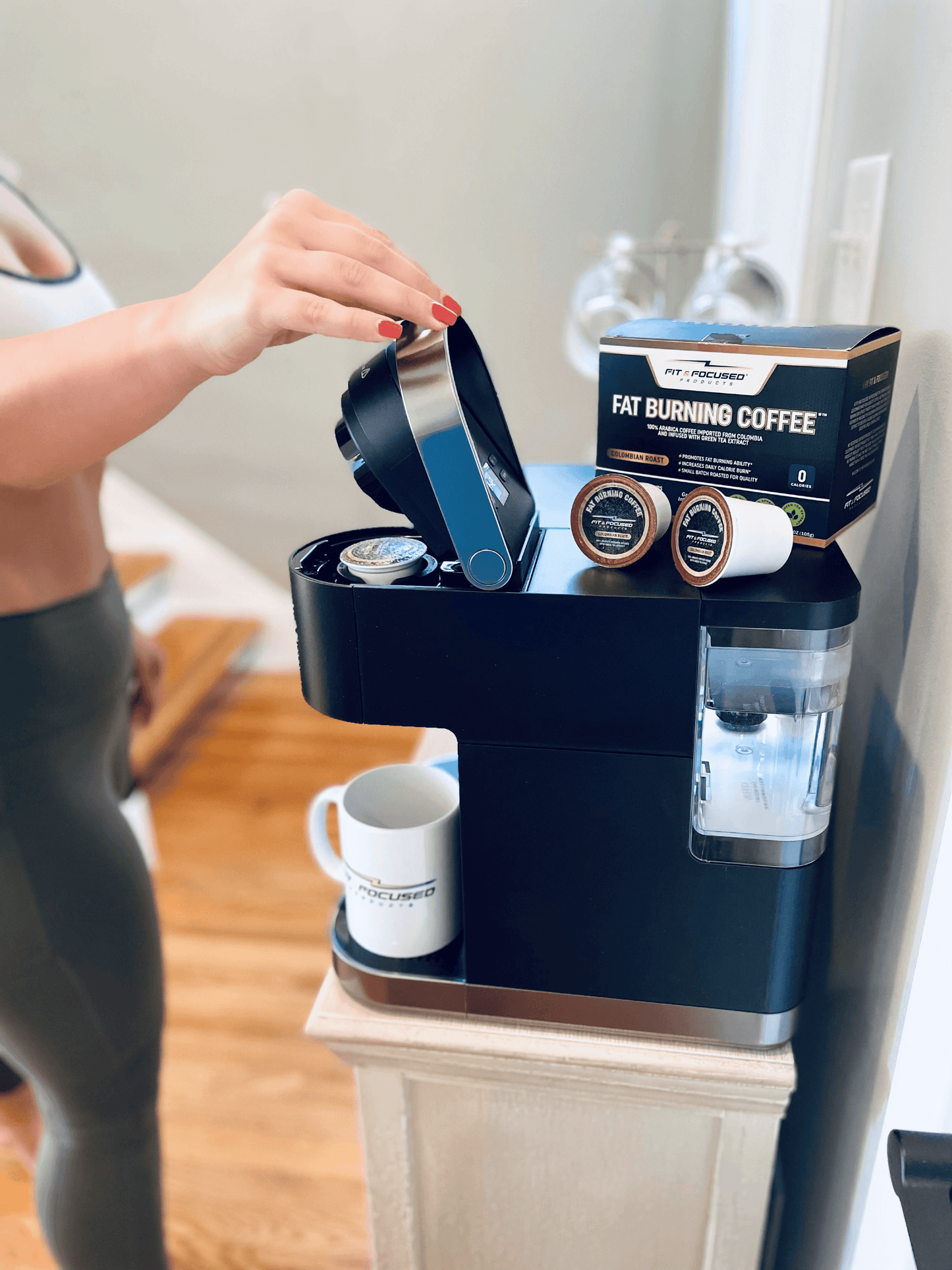 Woman In Athletic Wear Brewing Fat Burning K Cup Pod In Keurig