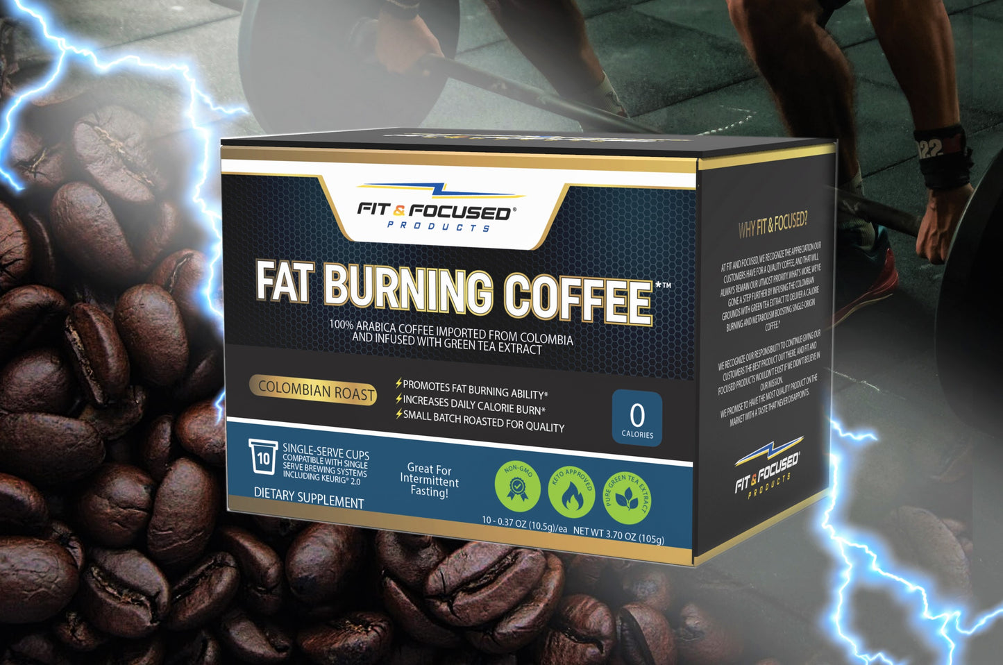 Fit and Focused Fat Burning K-Cup Coffee Box In Front Of Weightlifting and Coffee Bean Background Split By Lightning Bolt