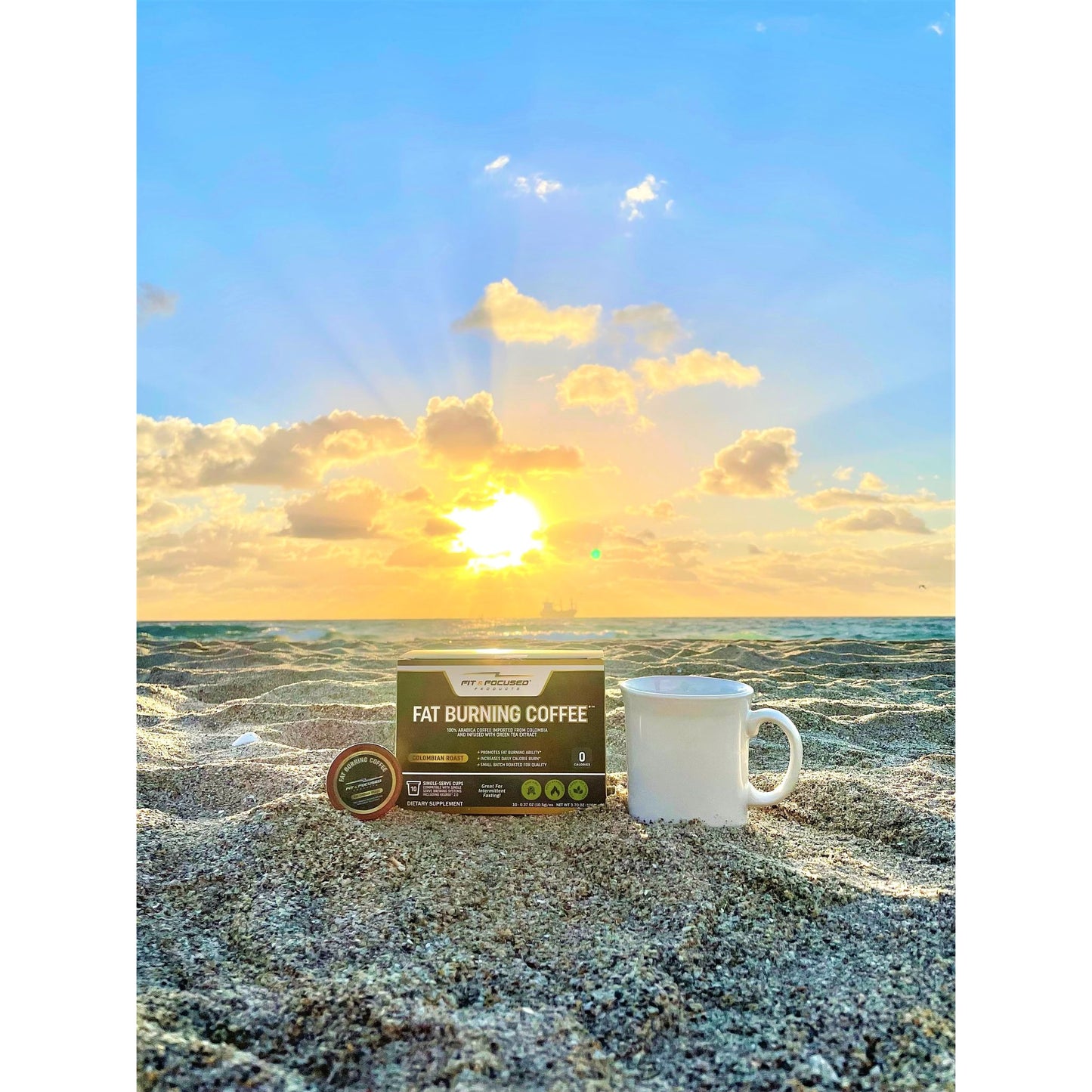 Fat Burning K-Cup Box In Front Of Sunrise On The Beach