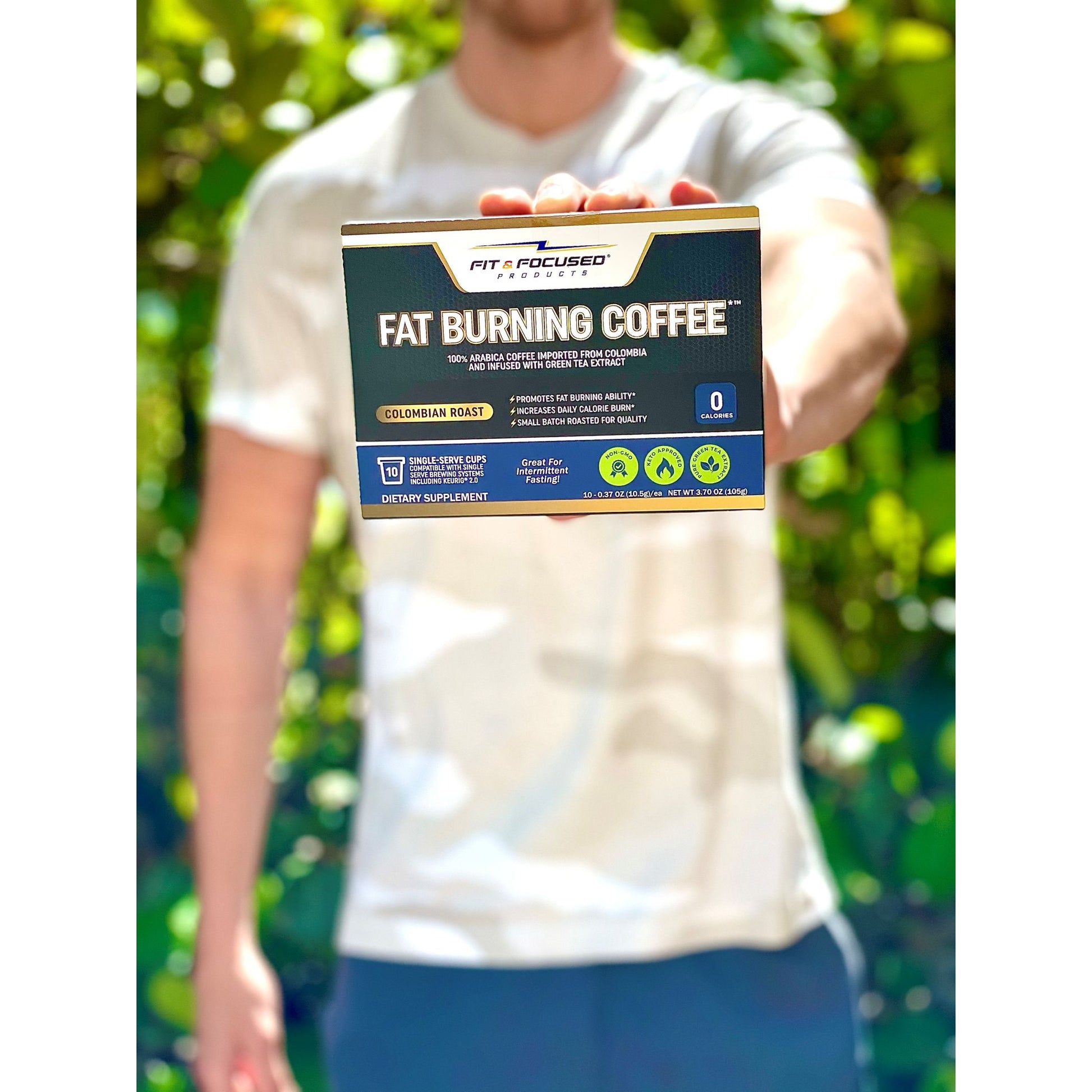 Fit & Focused Fat Burning K-Cup Coffee Box Being Held By Athlete