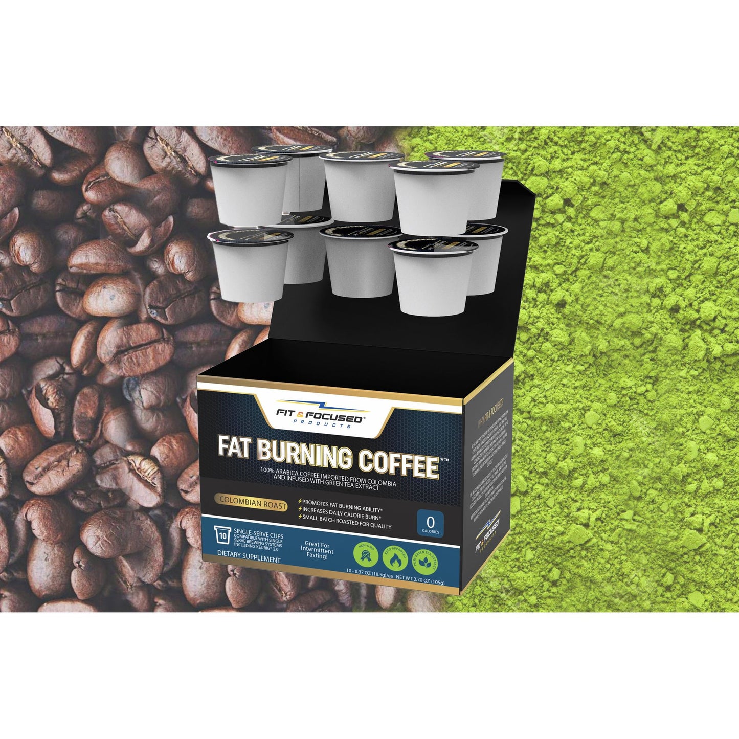 Fat Burning Coffee 10 Count Single Serve Pods In Front Of Split Background Of Coffee And Green Tea